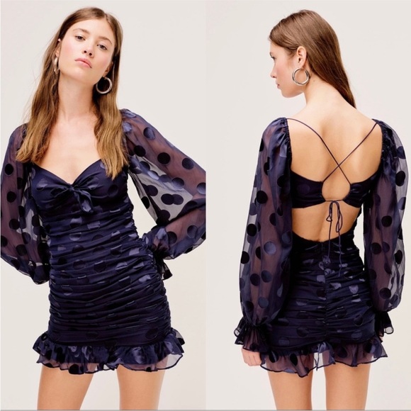 For Love and Lemons Navy Blue Polka Dot Chiffon Ruched Lula Mini Dress - Picture 1 of 16